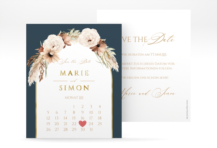 Save the Date-Kalenderblatt Blumenbogen Kalenderblatt-Karte blau gold