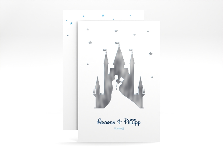Save the Date-Karte Castle A6 Karte hoch blau silber