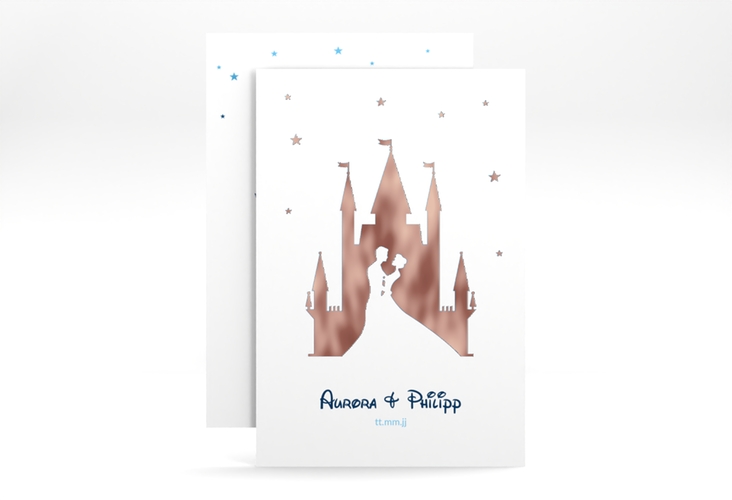 Save the Date-Karte Castle A6 Karte hoch blau rosegold