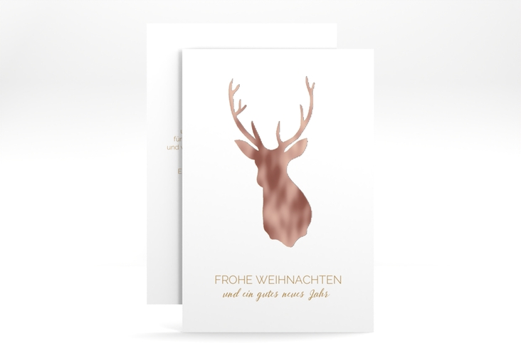 Geschäftliche Weihnachtskarte Deer A6 Karte hoch gold rosegold und weiß mit Hirsch