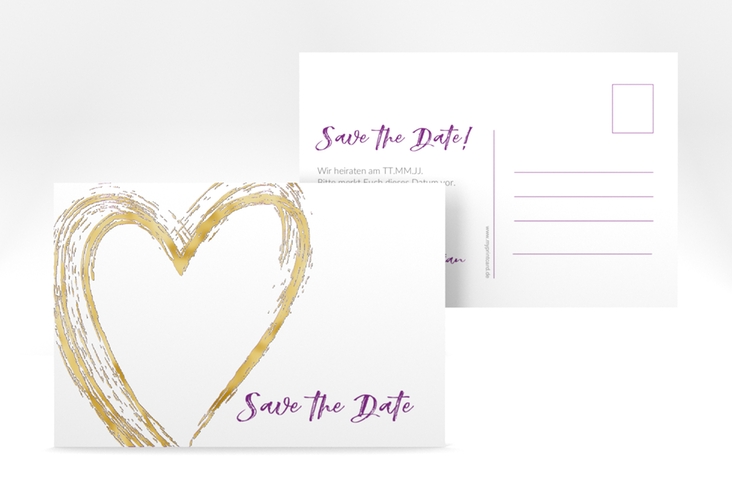 Save the Date-Postkarte Liebe A6 Postkarte lila gold