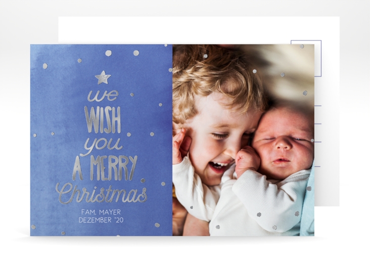 Weihnachtskarte Schneeglitzern A6 Postkarte blau silber mit Aquarellfarbe und Kinderfoto