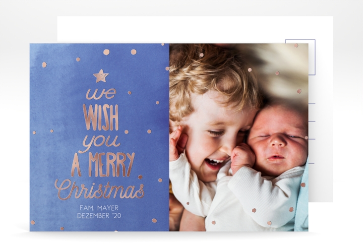 Weihnachtskarte Schneeglitzern A6 Postkarte blau rosegold mit Aquarellfarbe und Kinderfoto