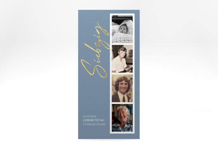 Einladung 70. Geburtstag Zeitabschnitt lange Karte hoch blau gold