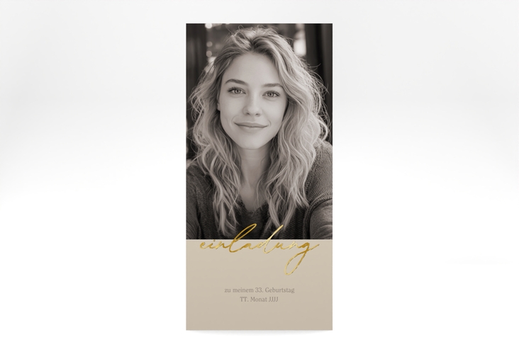 Einladung Geburtstag Lebensalter lange Karte hoch gold gold