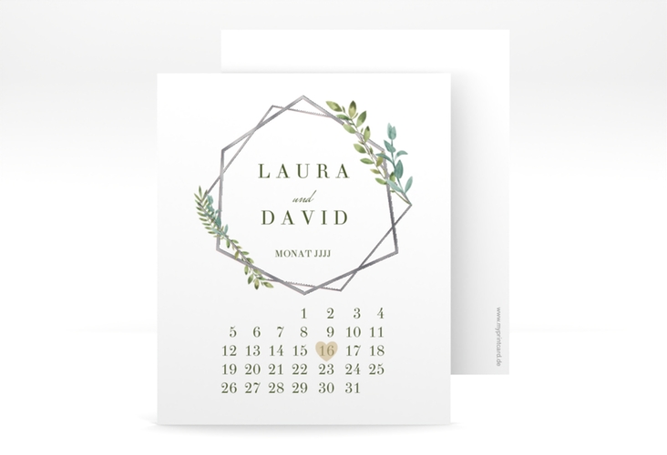 Save the Date-Kalenderblatt Herbarium Kalenderblatt-Karte rosa silber mit geometrischem Rahmen und Blätter-Dekor