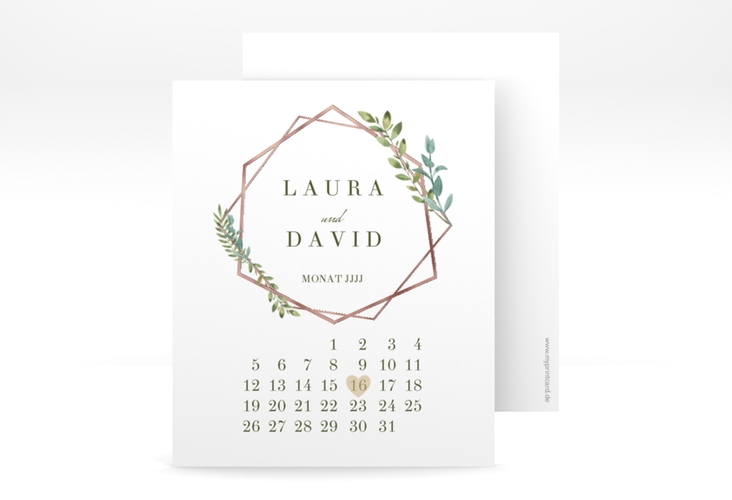 Save the Date-Kalenderblatt Herbarium Kalenderblatt-Karte rosa rosegold mit geometrischem Rahmen und Blätter-Dekor