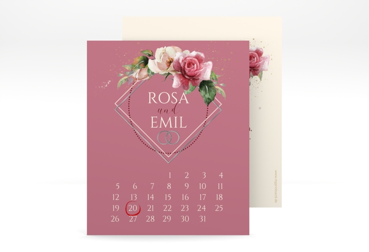 Save the Date-Kalenderblatt Rosenbogen Kalenderblatt-Karte rosa silber