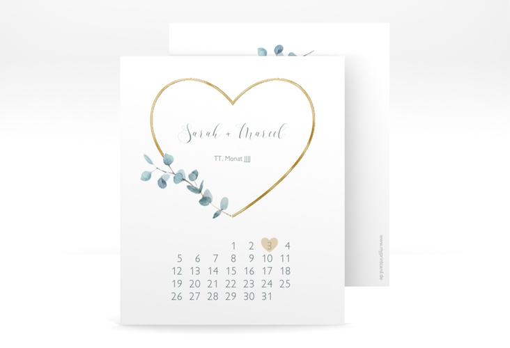 Save the Date-Kalenderblatt Greenheart Kalenderblatt-Karte rosa gold mit elegantem Herz und Eukalyptus-Zweig