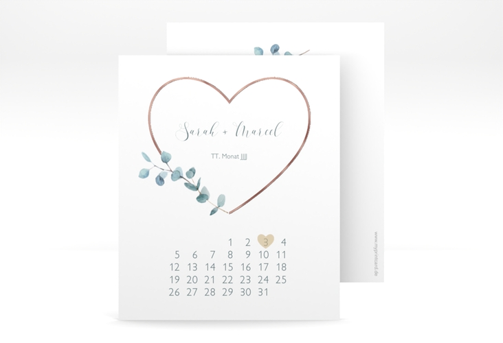 Save the Date-Kalenderblatt Greenheart Kalenderblatt-Karte rosa rosegold mit elegantem Herz und Eukalyptus-Zweig