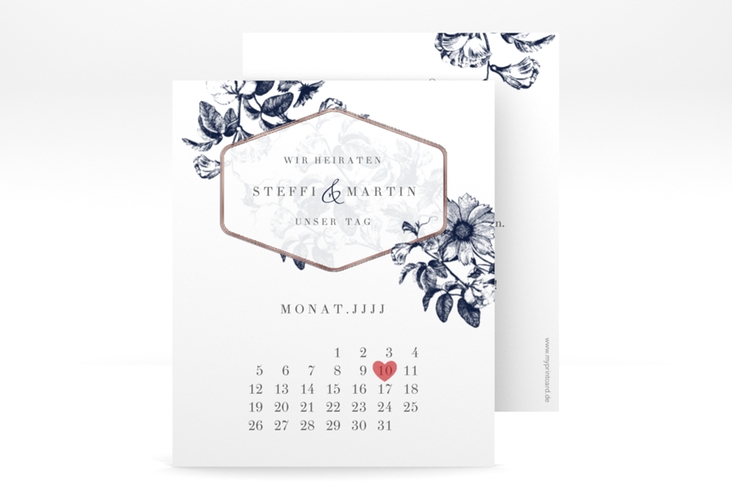 Save the Date-Kalenderblatt Magnificent Kalenderblatt-Karte blau rosegold