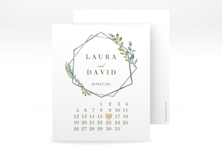 Save the Date-Kalenderblatt Herbarium Kalenderblatt-Karte grau silber mit geometrischem Rahmen und Blätter-Dekor