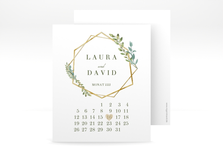 Save the Date-Kalenderblatt Herbarium Kalenderblatt-Karte grau gold mit geometrischem Rahmen und Blätter-Dekor