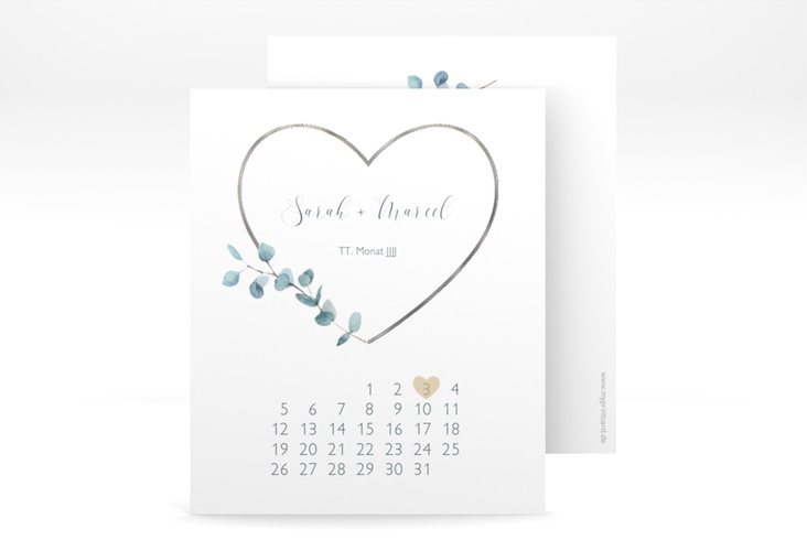 Save the Date-Kalenderblatt Greenheart Kalenderblatt-Karte gold silber mit elegantem Herz und Eukalyptus-Zweig