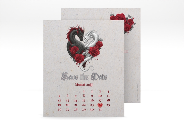 Save the Date-Kalenderblatt Drachenliebe Kalenderblatt-Karte grau silber mit schwarzem und weißem Drachen zu einem Herz verschlungen