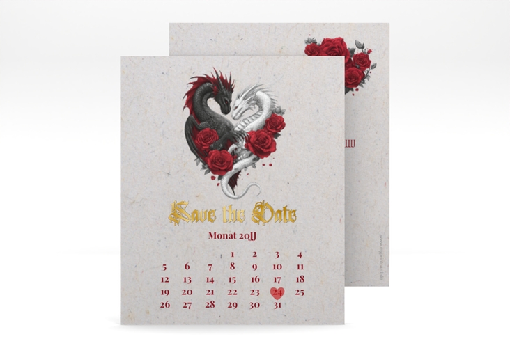 Save the Date-Kalenderblatt Drachenliebe Kalenderblatt-Karte grau gold mit schwarzem und weißem Drachen zu einem Herz verschlungen
