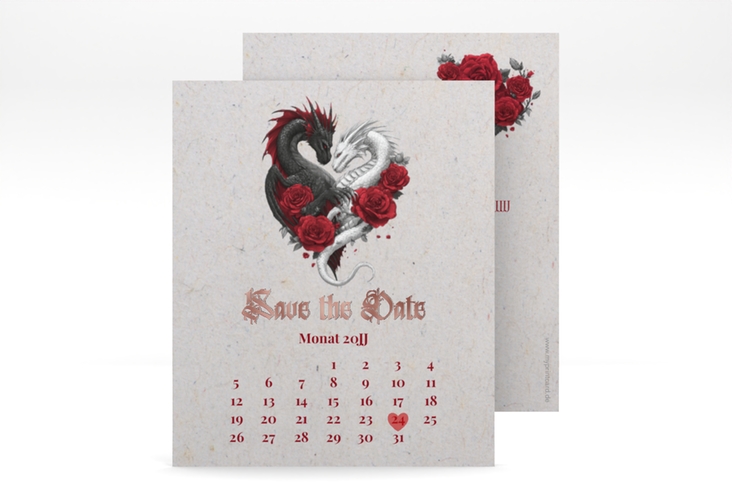 Save the Date-Kalenderblatt Drachenliebe Kalenderblatt-Karte grau rosegold mit schwarzem und weißem Drachen zu einem Herz verschlungen