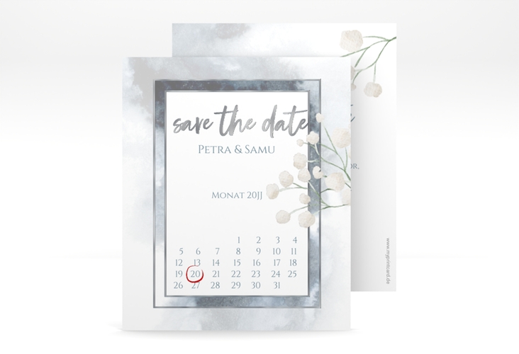 Save the Date-Kalenderblatt Winter Kalenderblatt-Karte blau silber mit Schleierkraut