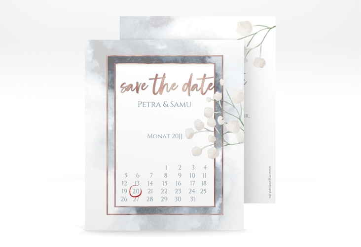 Save the Date-Kalenderblatt Winter Kalenderblatt-Karte blau rosegold mit Schleierkraut