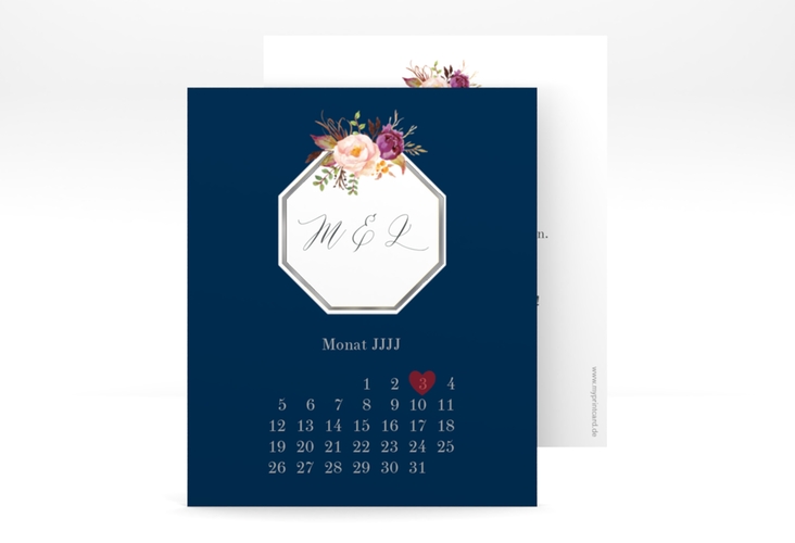 Save the Date-Kalenderblatt Prachtvoll Kalenderblatt-Karte blau silber