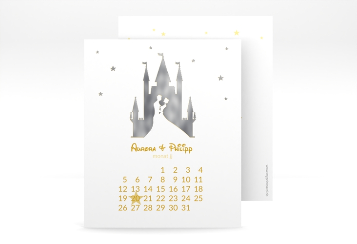 Save the Date-Kalenderblatt Castle Kalenderblatt-Karte gold silber