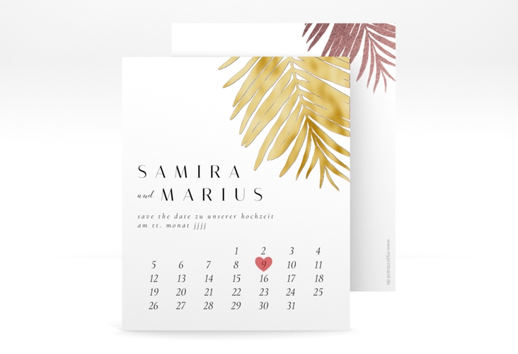 Save the Date-Kalenderblatt Palmenblatt Kalenderblatt-Karte rosa gold mit Palmenwedel