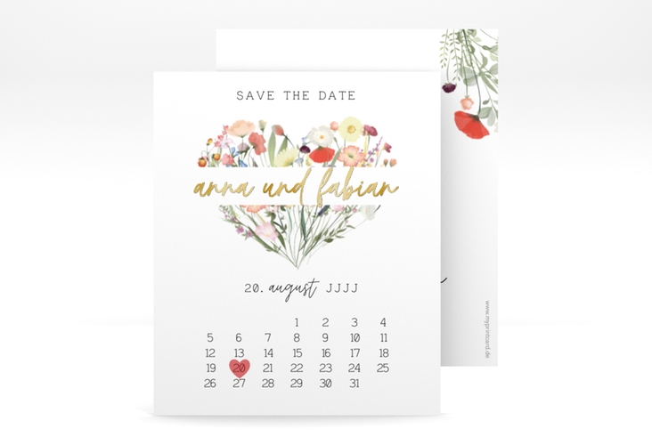 Save the Date-Kalenderblatt Wildblumenherz Kalenderblatt-Karte bunt gold
