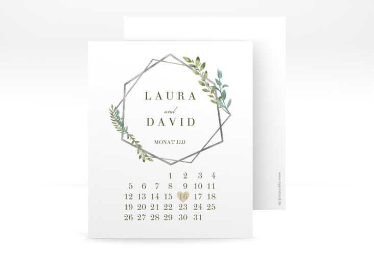 Save the Date-Kalenderblatt Herbarium Kalenderblatt-Karte gold silber mit geometrischem Rahmen und Blätter-Dekor
