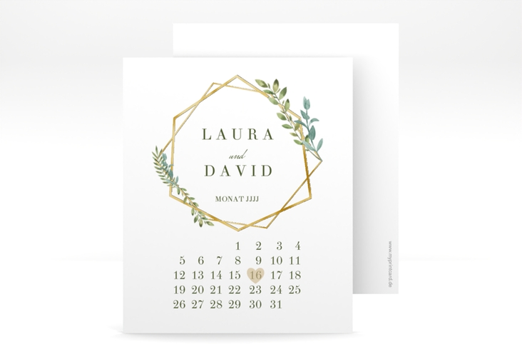 Save the Date-Kalenderblatt Herbarium Kalenderblatt-Karte gold gold mit geometrischem Rahmen und Blätter-Dekor