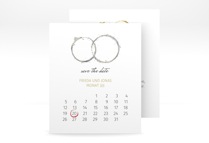 Save the Date-Kalenderblatt Trauringe Kalenderblatt-Karte gold silber minimalistisch gestaltet mit zwei Eheringen