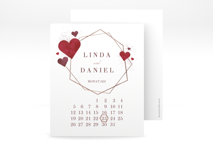 Save the Date-Kalenderblatt Herzlich Kalenderblatt-Karte gold rosegold mit Goldrahmen und roten Herzen