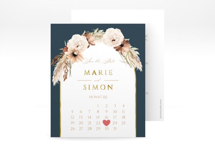 Save the Date-Kalenderblatt Blumenbogen Kalenderblatt-Karte blau gold