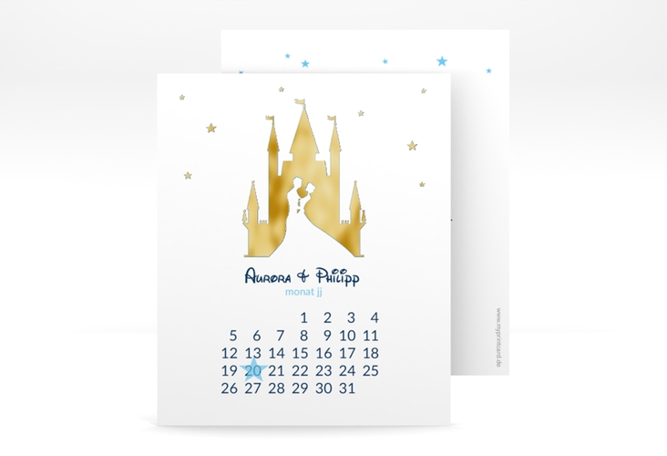 Save the Date-Kalenderblatt Castle Kalenderblatt-Karte blau gold