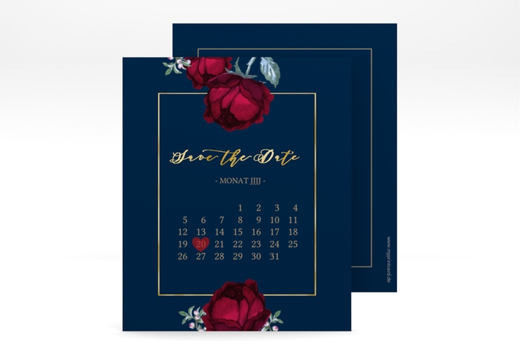 Save the Date-Kalenderblatt Peonies Kalenderblatt-Karte blau gold elegant mit Pfingstrosen