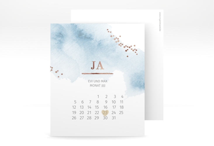 Save the Date-Kalenderblatt Pastell Kalenderblatt-Karte blau rosegold