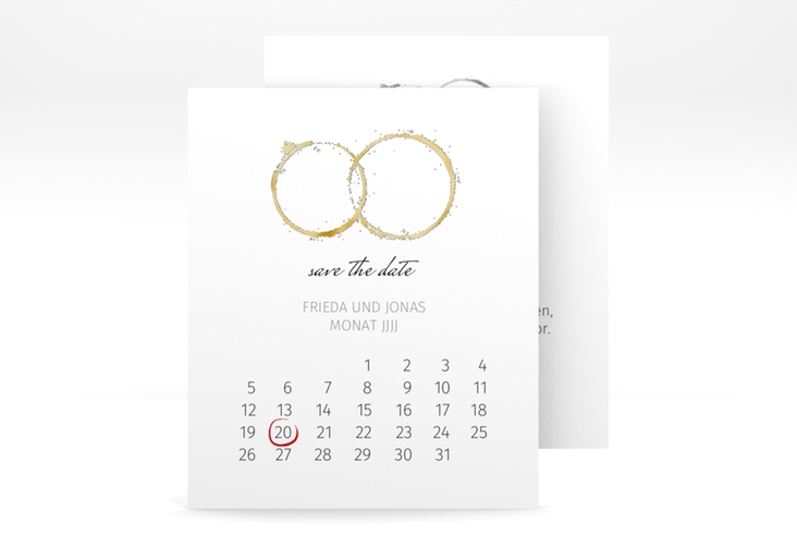 Save the Date-Kalenderblatt Trauringe Kalenderblatt-Karte grau gold minimalistisch gestaltet mit zwei Eheringen
