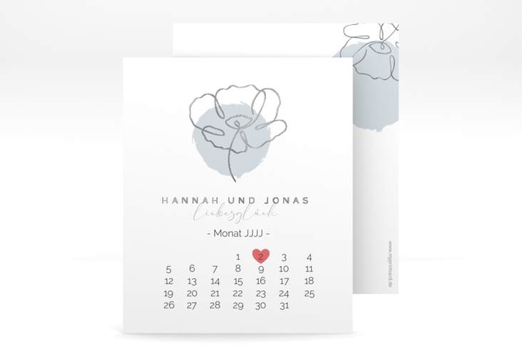 Save the Date-Kalenderblatt Flowerline Kalenderblatt-Karte blau silber