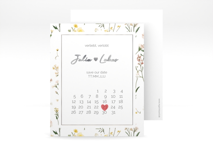 Save the Date-Kalenderblatt Blumenwiese Kalenderblatt-Karte bunt silber