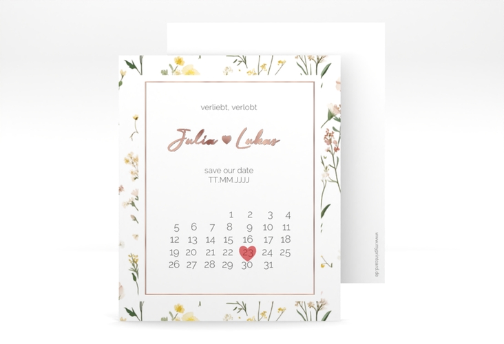 Save the Date-Kalenderblatt Blumenwiese Kalenderblatt-Karte bunt rosegold