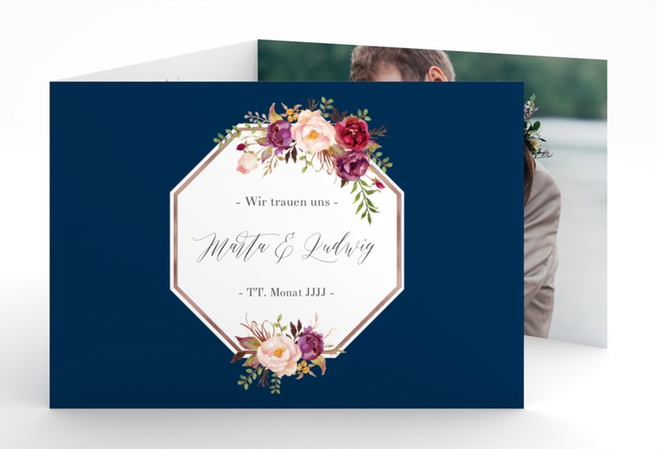 Hochzeitseinladung Prachtvoll A6 Doppel-Klappkarte blau rosegold
