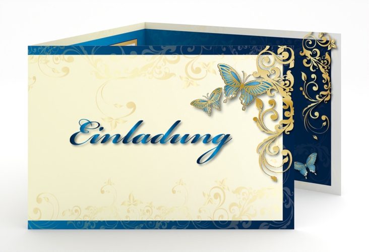 Hochzeitseinladung Toulouse A6 Doppel-Klappkarte blau gold