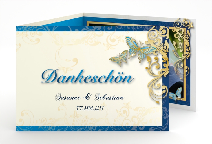 Danksagungskarte Hochzeit Toulouse A6 Doppel-Klappkarte blau gold
