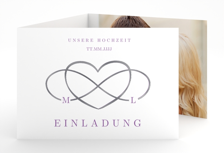 Hochzeitseinladung Infinity A6 Doppel-Klappkarte lila silber
