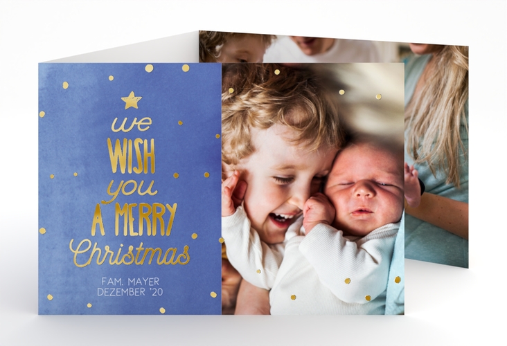 Weihnachtskarte Schneeglitzern A6 Doppel-Klappkarte blau gold