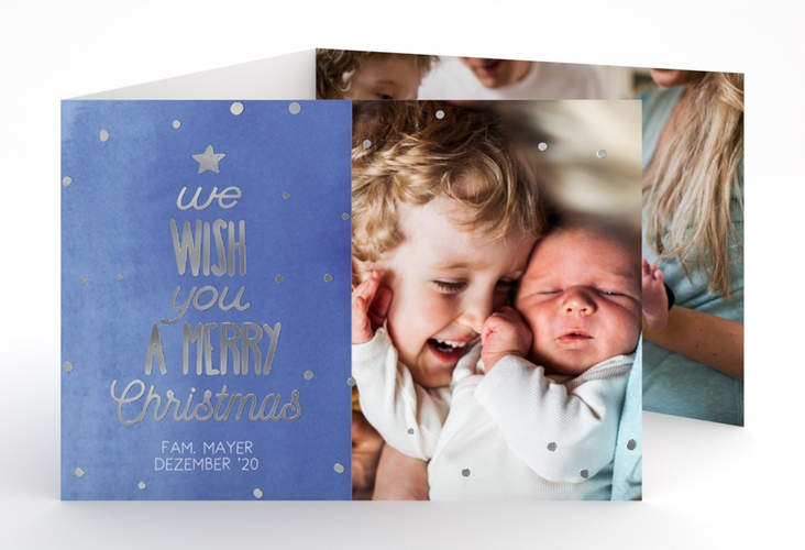 Weihnachtskarte Schneeglitzern A6 Doppel-Klappkarte blau silber