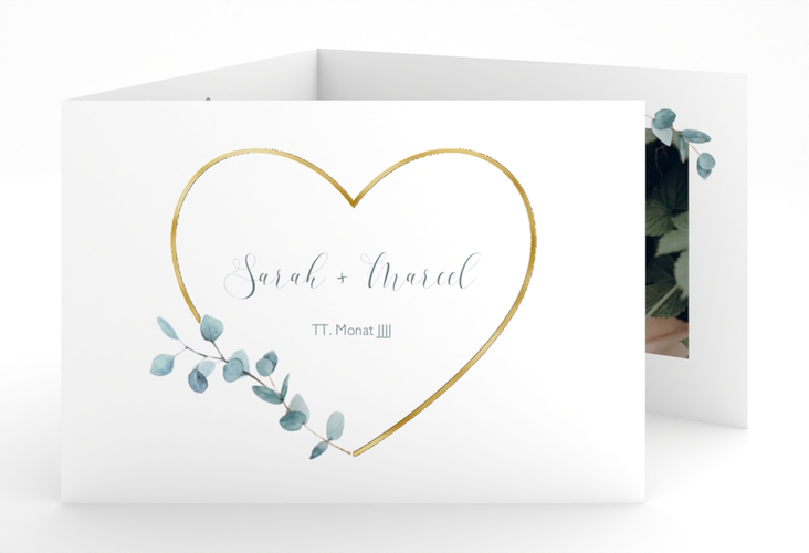 Hochzeitseinladung Greenheart A6 Doppel-Klappkarte gold gold mit elegantem Herz und Eukalyptus-Zweig
