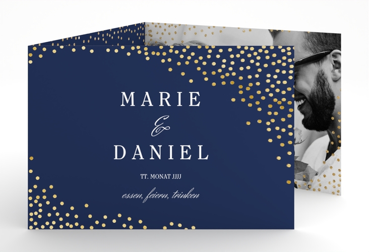 Hochzeitseinladung Glitter A6 Doppel-Klappkarte blau gold