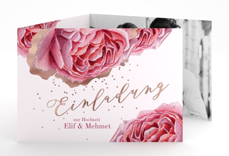 Hochzeitseinladung Cherie A6 Doppel-Klappkarte rosa rosegold