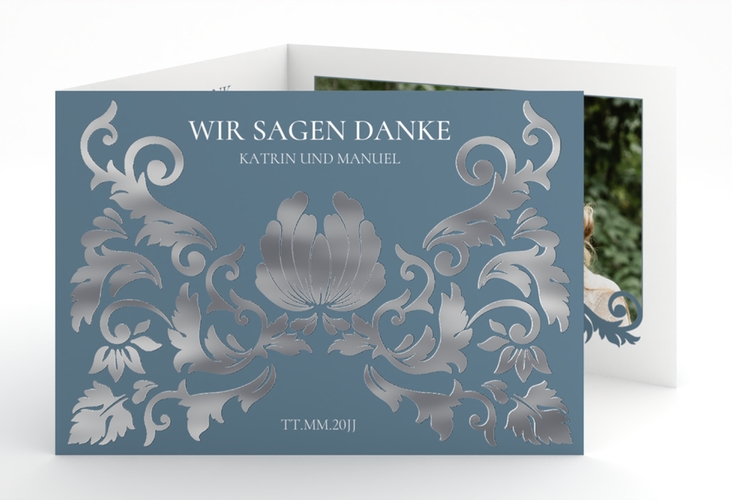 Danksagungskarte Royal A6 Doppel-Klappkarte blau silber mit barockem Blumen-Ornament