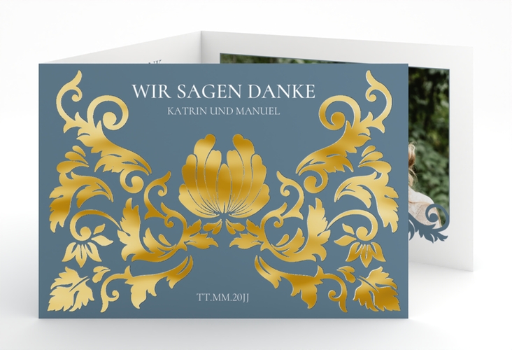 Danksagungskarte Royal A6 Doppel-Klappkarte blau gold mit barockem Blumen-Ornament